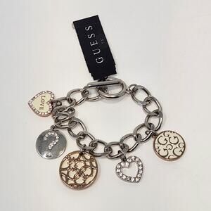 Guess Heart Love Logo Charm Link Bracelet Toggle Closure Silver Tone Chunky New
